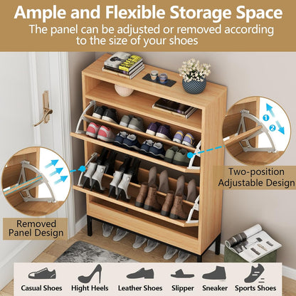 Rattan Shoe Cabinet with 2 Flip Drawers, Free Standing Narrow Shoe Storage Organizer with Top Cubby, Slim Shoe Rack Cabinet for Entryway, Natural (Natural)