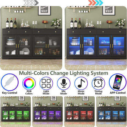 Sideboard Buffet Cabinet with LED Lights, 55.1 Storage Cabinet with 2 Large Drawers & 4 Glass Doors, Modern Kitchen Display Cabinet with Adjustable Shelves, Coffee Bar for Kitchen Living Room (Black)