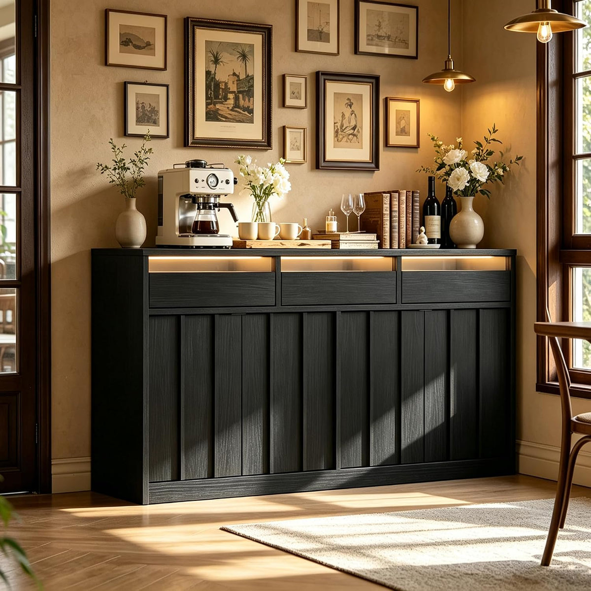 55'' Modern Buffet Cabinet with Outlet & Led, Black Sideboard with Drawer