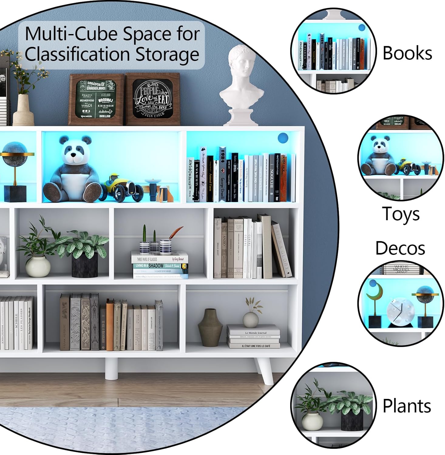 10 Cube Book Shelf with LED Lights, 3-Tier White Bookcase with Solid Wood Legs Modern Open Storage Organizer Kids Bookshelf Display Shelf for Living Room, Home Office (White, 10 Cube)