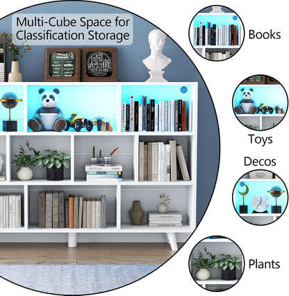 10 Cube Book Shelf with LED Lights, 3-Tier White Bookcase with Solid Wood Legs Modern Open Storage Organizer Kids Bookshelf Display Shelf for Living Room, Home Office (White, 10 Cube)