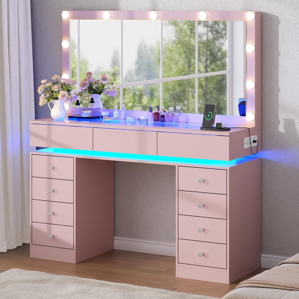 47" Vanity Desk with Mirror and Lights, Pink Makeup Table with Glass Top