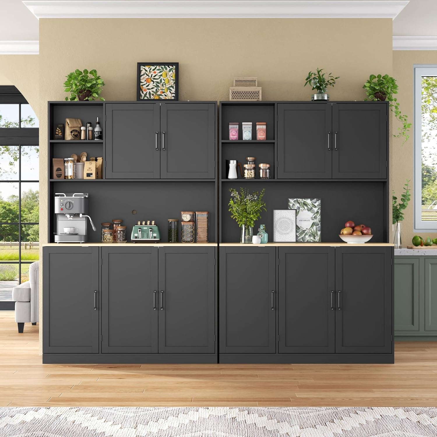 71" Tall kitchen Pantry Storage Cabinet, Modern Kitchen Hutch with 3 Pull-out Drawers, Kitchen Pantries with Microwave Stand & Door Shelf, Food Pantry with Adjustable Shelves for Dining Room (Black)