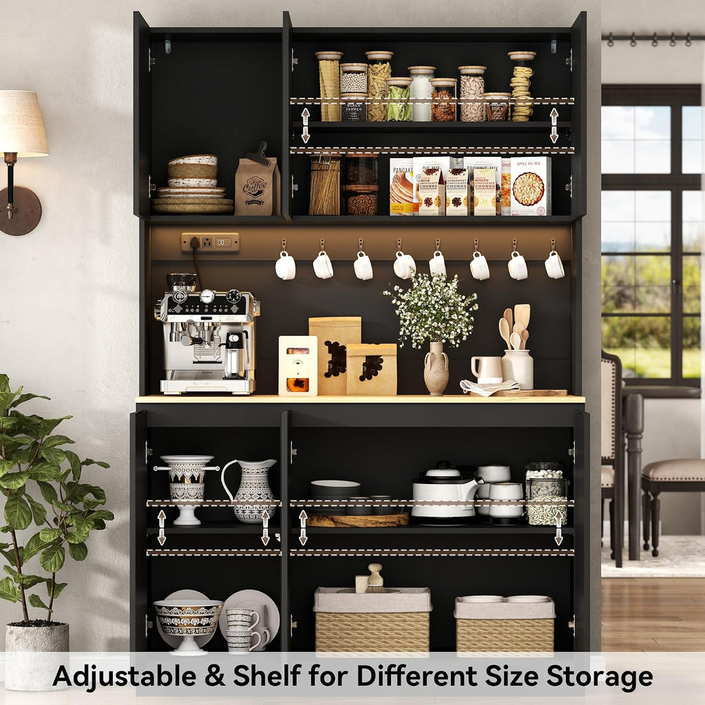 71" Black Kitchen Pantry with Power Outlet, Kitchen Hutch with LED Light