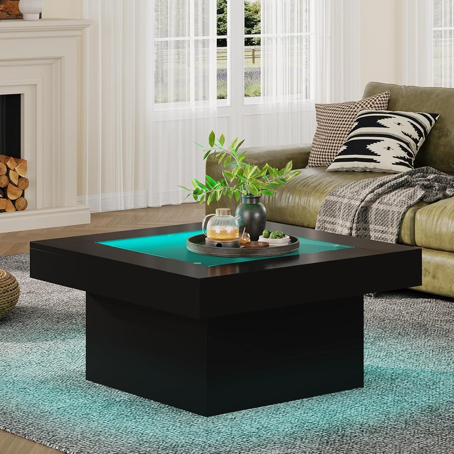 Square Coffee Table with LED Lights, 35.4" Coffee Tables for Living Room, Tempered Glass-top Coffee Table, Black Modern Center Table, Engineered Wood Low Coffee Tables for Home Office