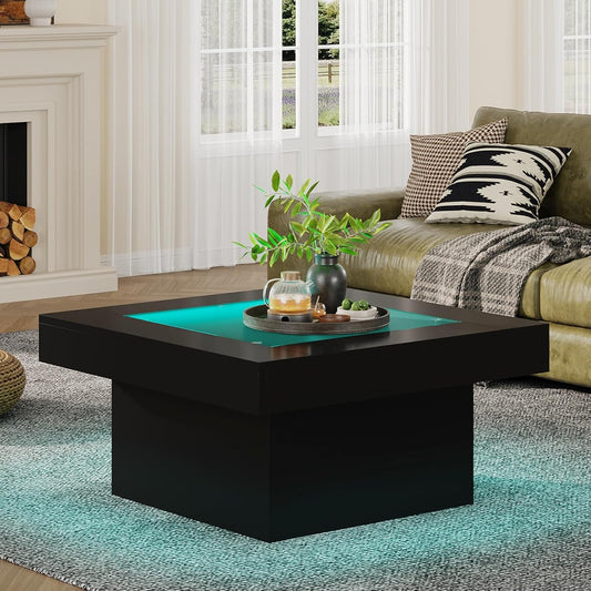 Square Coffee Table with LED Lights, 35.4" Coffee Tables for Living Room, Tempered Glass-top Coffee Table, Black Modern Center Table, Engineered Wood Low Coffee Tables for Home Office
