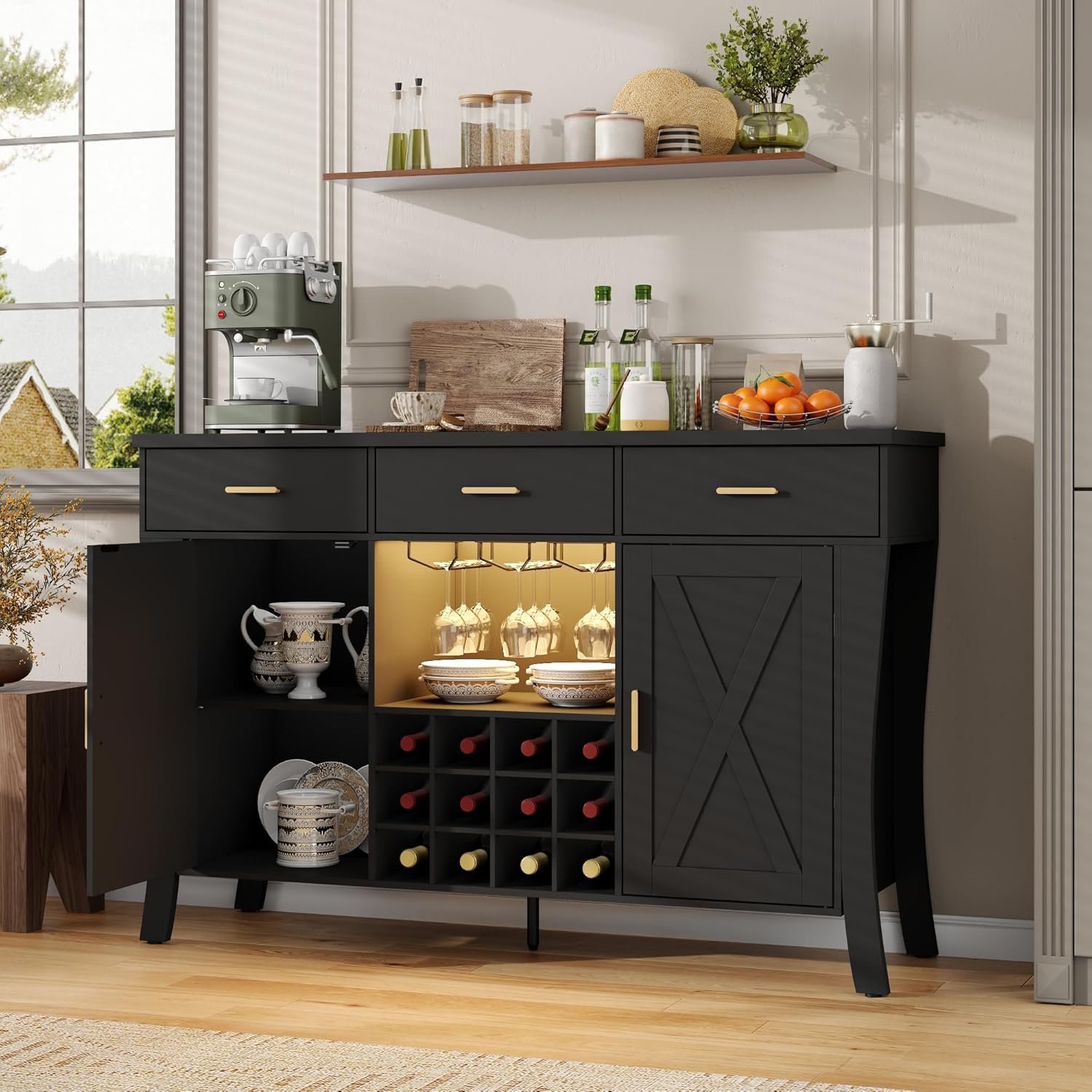Wine Bar Cabinet with LED Light,Farmhous Liquor cabinet with Wine and Glass Rack,Coffee Station with Storage cabinet and 3 drawers,Buffet Sideboard with Arc Design for Kitchen,living room (Black)