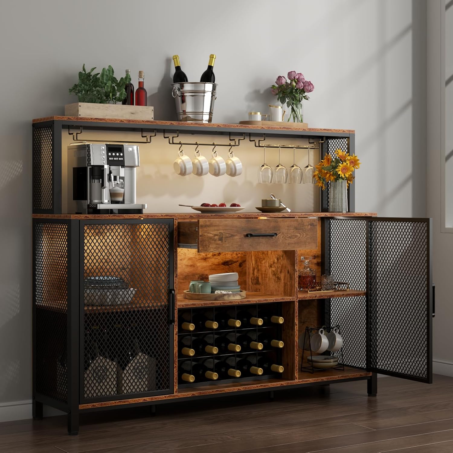 Wine Bar Cabinet with Drawer and LED Lights, 55 Inches Industry Coffee Bar Cabinet with Wine Rack and Glass Goblet Holder, Kitchen Sideboard Buffet Cabinet for Liquor and Goblet