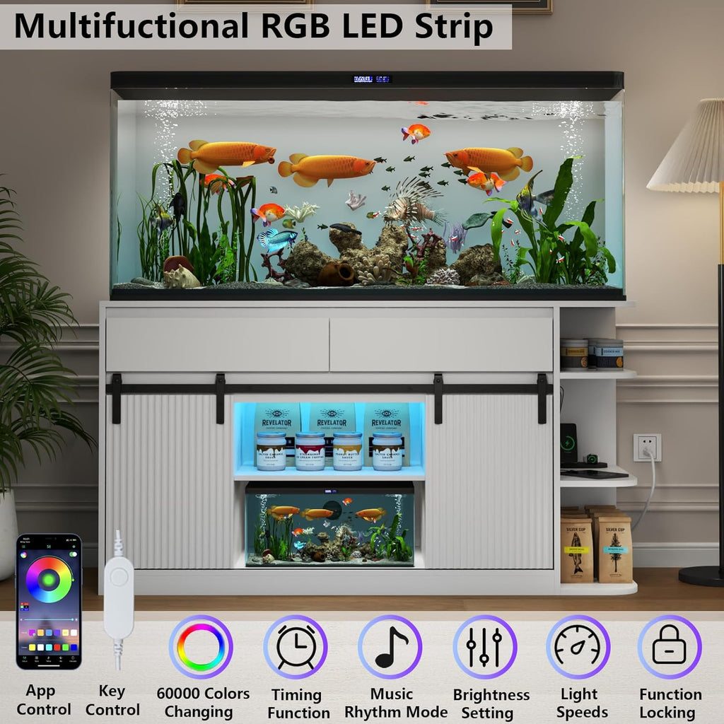 Fish Tank Stand with Power Outlets, Heavy Duty Aquarium Stand with LED Lights and Sliding Fluted Doors, White Storage Cabinet with 2 Large Drawers for Fish Tank, 1000 LBS Capacity