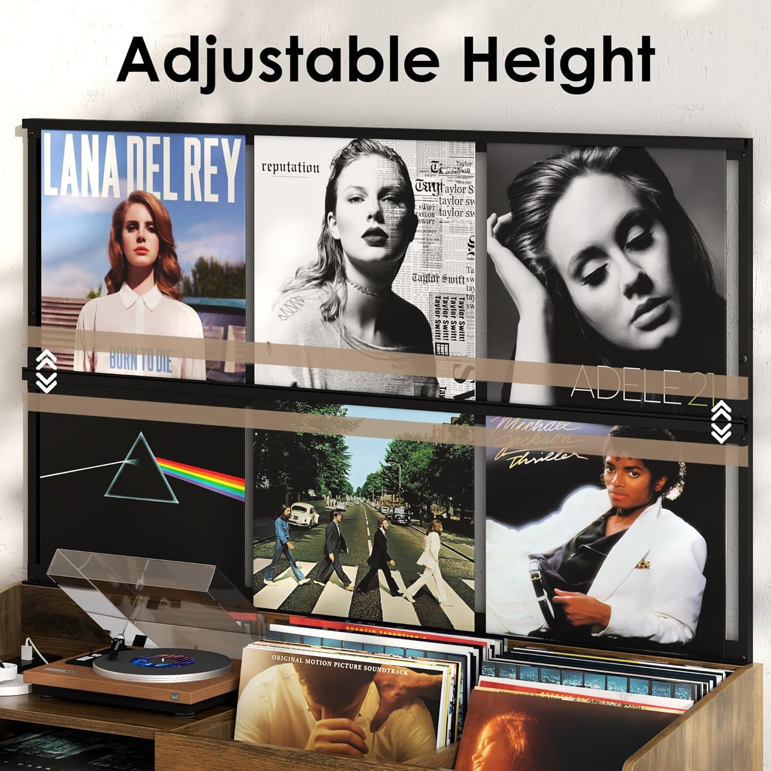 Upgraded Large Record Player Stand, Mid-Century Turntable Stand with Power Outlet, Large Record Player Table Holds Up to 500 Albums, Vinyl Storage Cabinet Display Shelf for Living Room (Walnut)