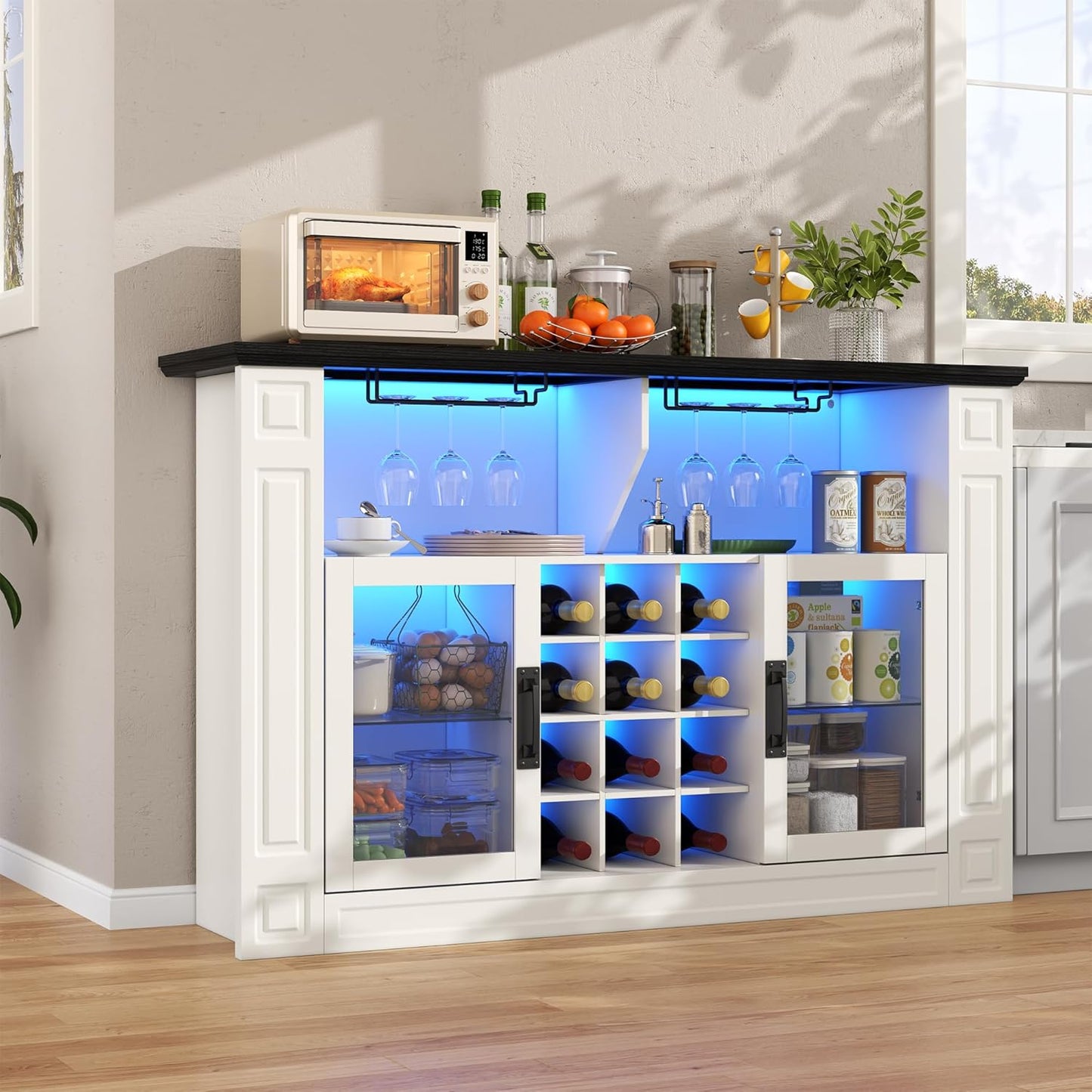 Wine Bar Cabinet with LED Light, Kitchen Coffee Bar Cabinet with Glass Rack and Removable Wine Racks, Liquor Cabinet with Glass Door, Home Bar with Storage for Dining Room, Living Room