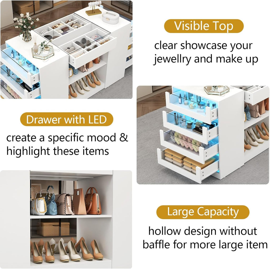 Closet Island with Drawers, Armoire Wardrobe Closet with LED Lights White Dresser Walk-in Closets with Glass Top for Bedroom & Cloakroom