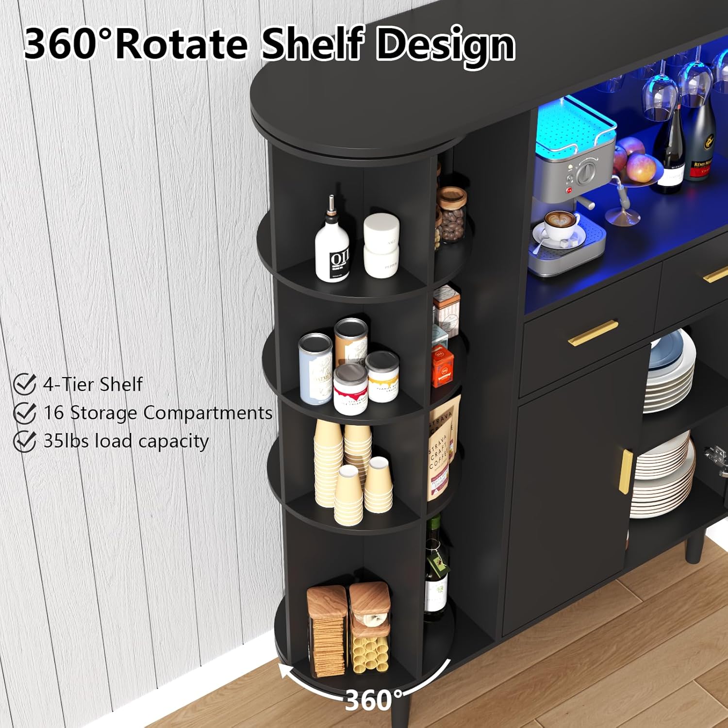 Kitchen Pantry Storage Cabinet with Charging Station and LED Lights, Freestanding Buffet Sideboards with Wine Glass Holder,Food Hutch Cabinet with Rotation 4-Tier Storage Rack for Kitchen(Black)