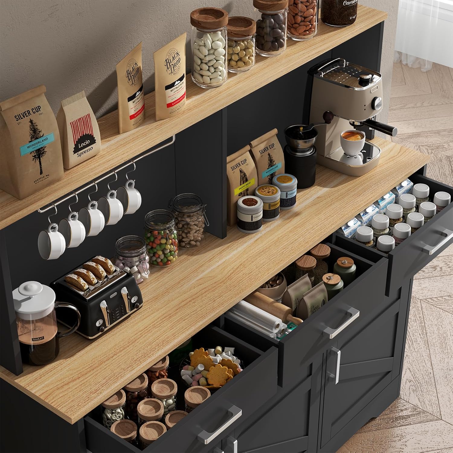 Buffet Cabinets with 3 Drawers, Farmhouse Sideboard Storage Cabinet with Goblet Holder, Large Coffee Bar with 3 Doors, Wood Buffet Table with Adjustable Shelf for Kitchen, Dining Room