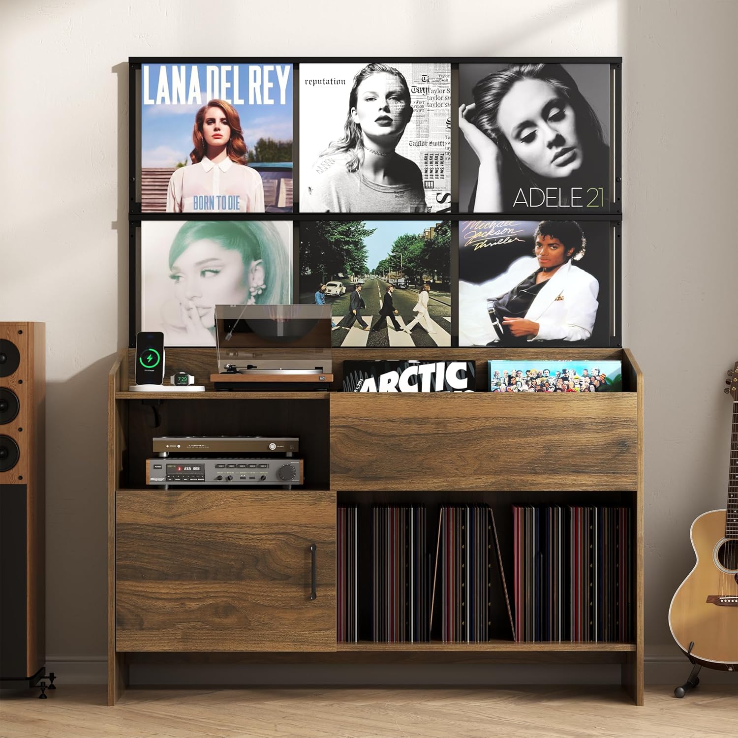 Upgraded Large Record Player Stand, Mid-Century Turntable Stand with Power Outlet, Large Record Player Table Holds Up to 500 Albums, Vinyl Storage Cabinet Display Shelf for Living Room (Walnut)