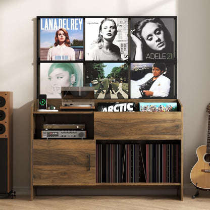 Upgraded Large Record Player Stand, Mid-Century Turntable Stand with Power Outlet, Large Record Player Table Holds Up to 500 Albums, Vinyl Storage Cabinet Display Shelf for Living Room (Walnut)