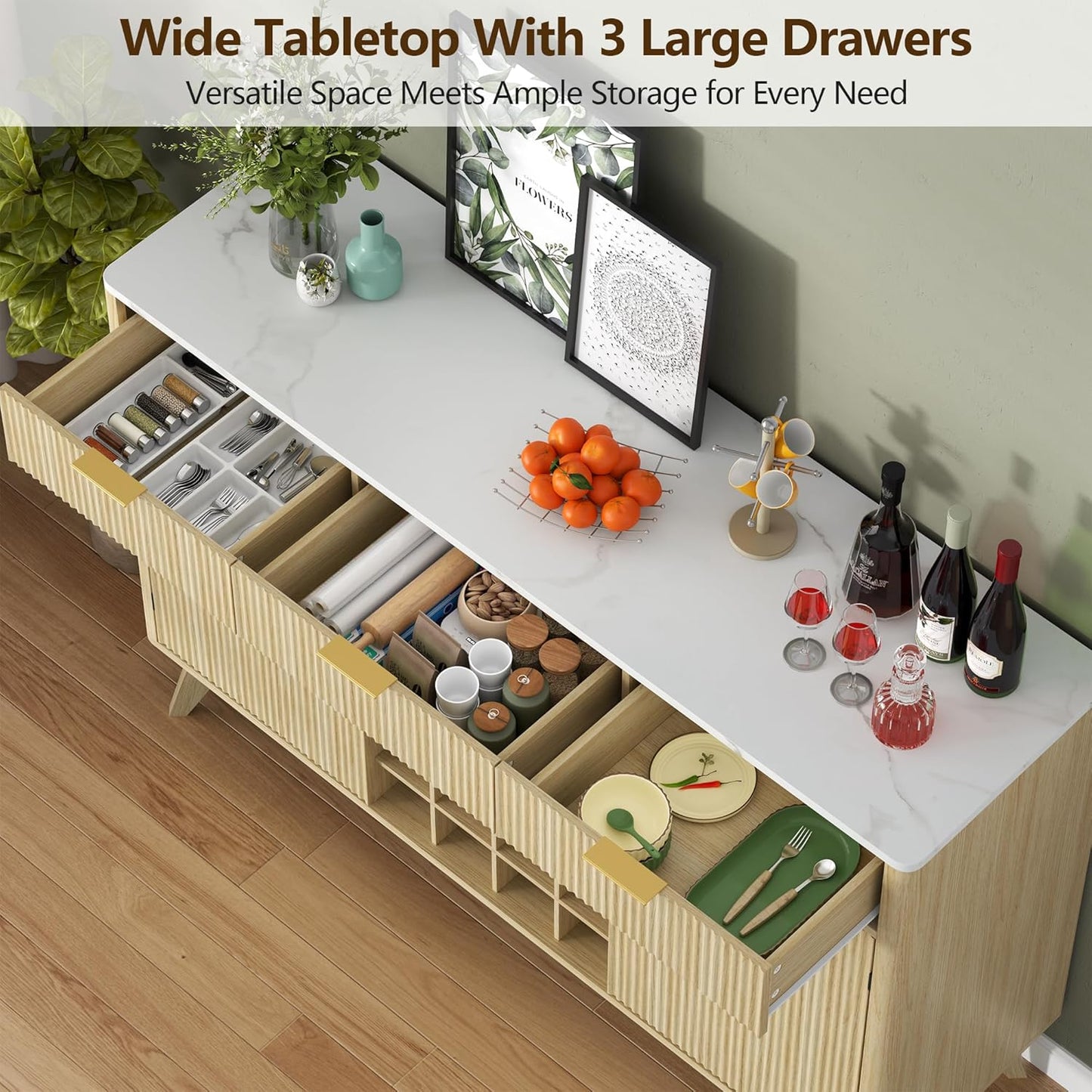 Wine Bar Cabinet with 3 Drawers，Home Liquor Cabinets with Wine and Glasss Rack, Fluted Coffee Bar Cabinet with Adjustable Shelves, Buffet Sideboard for Kitchen,Living Room, Dining Room, Entryway