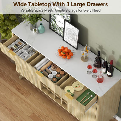 Wine Bar Cabinet with 3 Drawers，Home Liquor Cabinets with Wine and Glasss Rack, Fluted Coffee Bar Cabinet with Adjustable Shelves, Buffet Sideboard for Kitchen,Living Room, Dining Room, Entryway