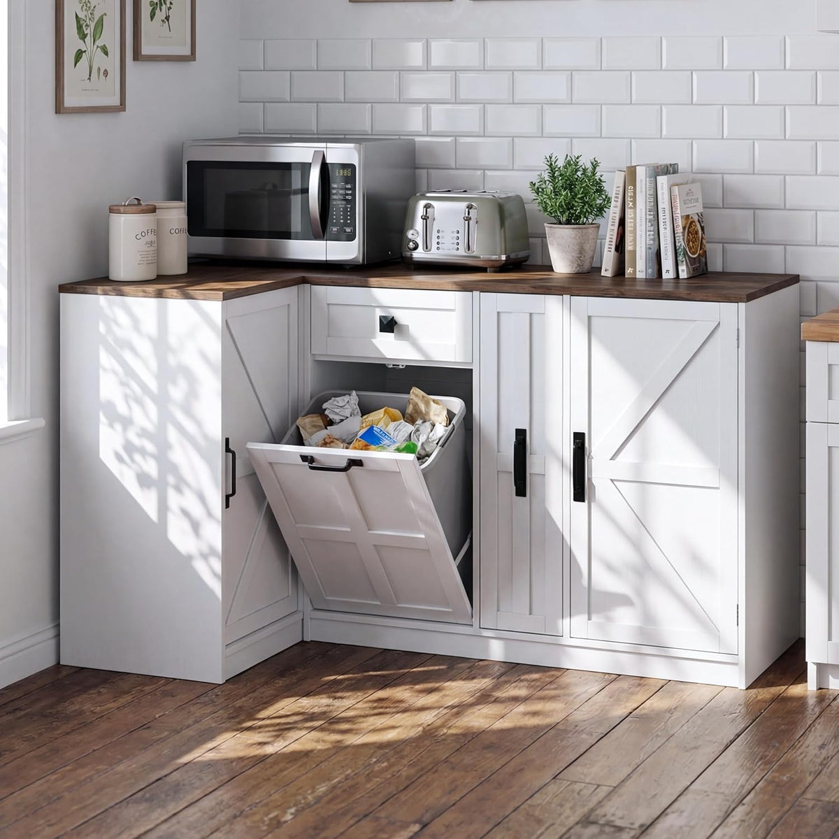 Corner Cabinet with Countertop, Kitchen Pantry Cabinet with Hidden Trash Storage Cabinet & 3-Tier Spice Rack, Farmhouse L-Shaped Sideboard with Doors & Adjustable Shelf for Dining Room, White