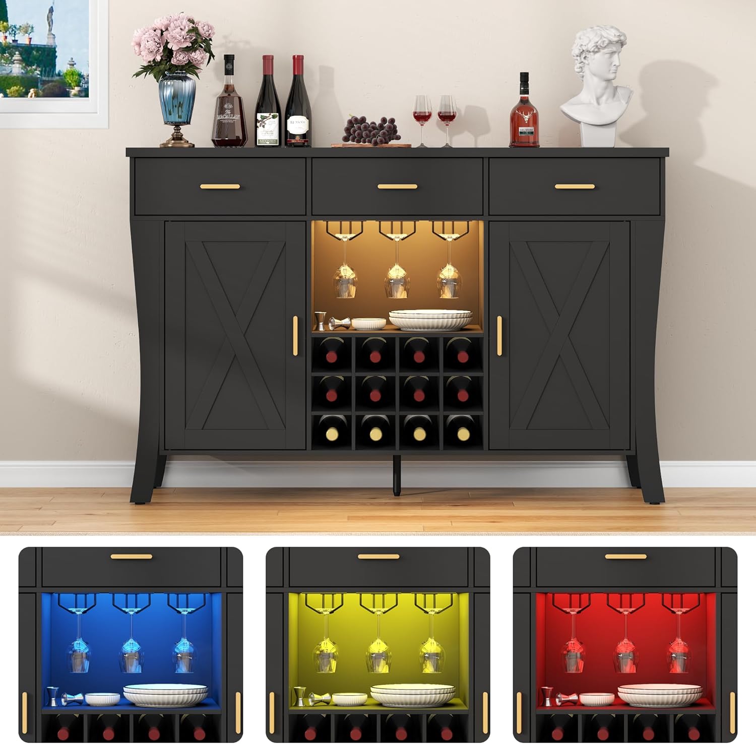 Wine Bar Cabinet with LED Light,Farmhous Liquor cabinet with Wine and Glass Rack,Coffee Station with Storage cabinet and 3 drawers,Buffet Sideboard with Arc Design for Kitchen,living room (Black)
