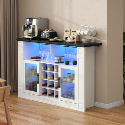 Wine Bar Cabinet with LED Light, Kitchen Coffee Bar Cabinet with Glass Rack and Removable Wine Racks, Liquor Cabinet with Glass Door, Home Bar with Storage for Dining Room, Living Room