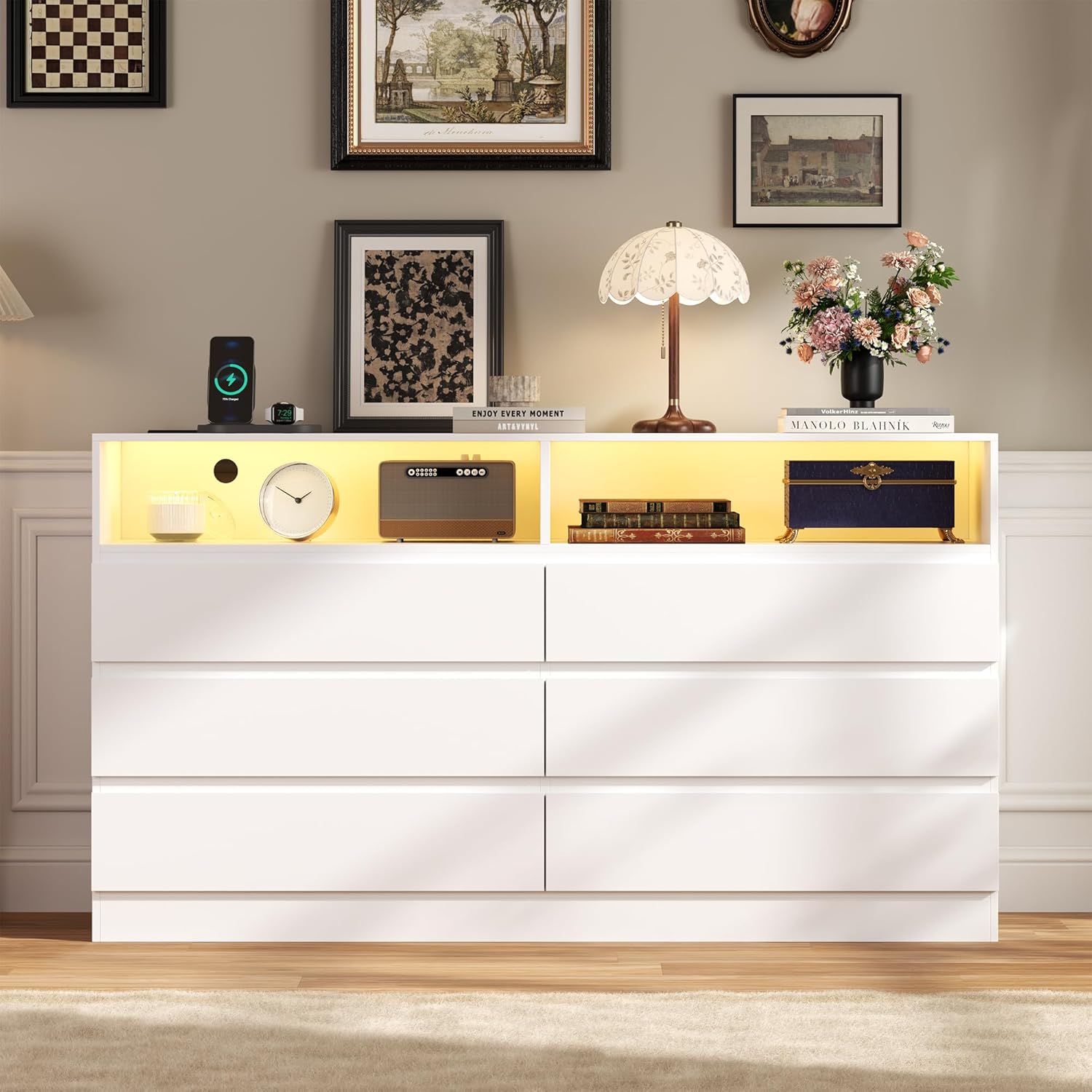 6 Drawer Dresser with Power Outlet, Modern White Dresser Chest of Drawers with LED Ligh, Wooden Dressers TV Stand, Double Wide Dressers Organizer for Bedroom, Living Room, Entryway