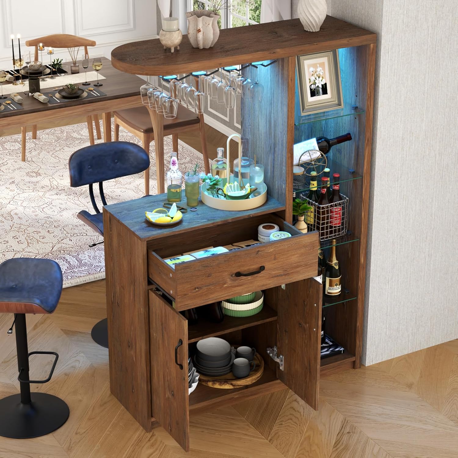 Bar Cabinet with LED Light,Wine Cabinet with Wine Glass Holder,Liquor Cabinet with Glass Display Cabinet,Coffee Bar with Storage and 2 Drawers,Bar Island for Home Dining Room (Vintage Brown)