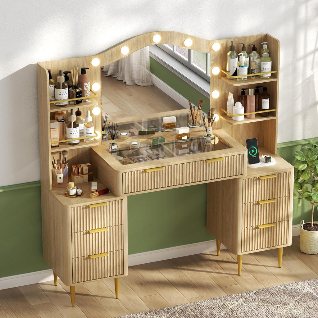 55" Big Fluted Vanity Desk with Mirror and Lights,Makeup Vanity with 8 Storage Drawers and 4 Storage Shelves,Glass Top & Power Outlet,3 Lighting Modes,Dressing Table for Women Girls Bedroom,Oak