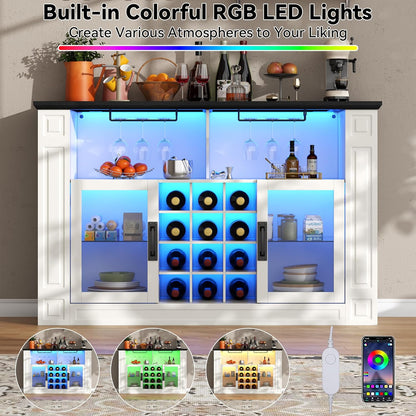 Wine Bar Cabinet with LED Light, Kitchen Coffee Bar Cabinet with Glass Rack and Removable Wine Racks, Liquor Cabinet with Glass Door, Home Bar with Storage for Dining Room, Living Room