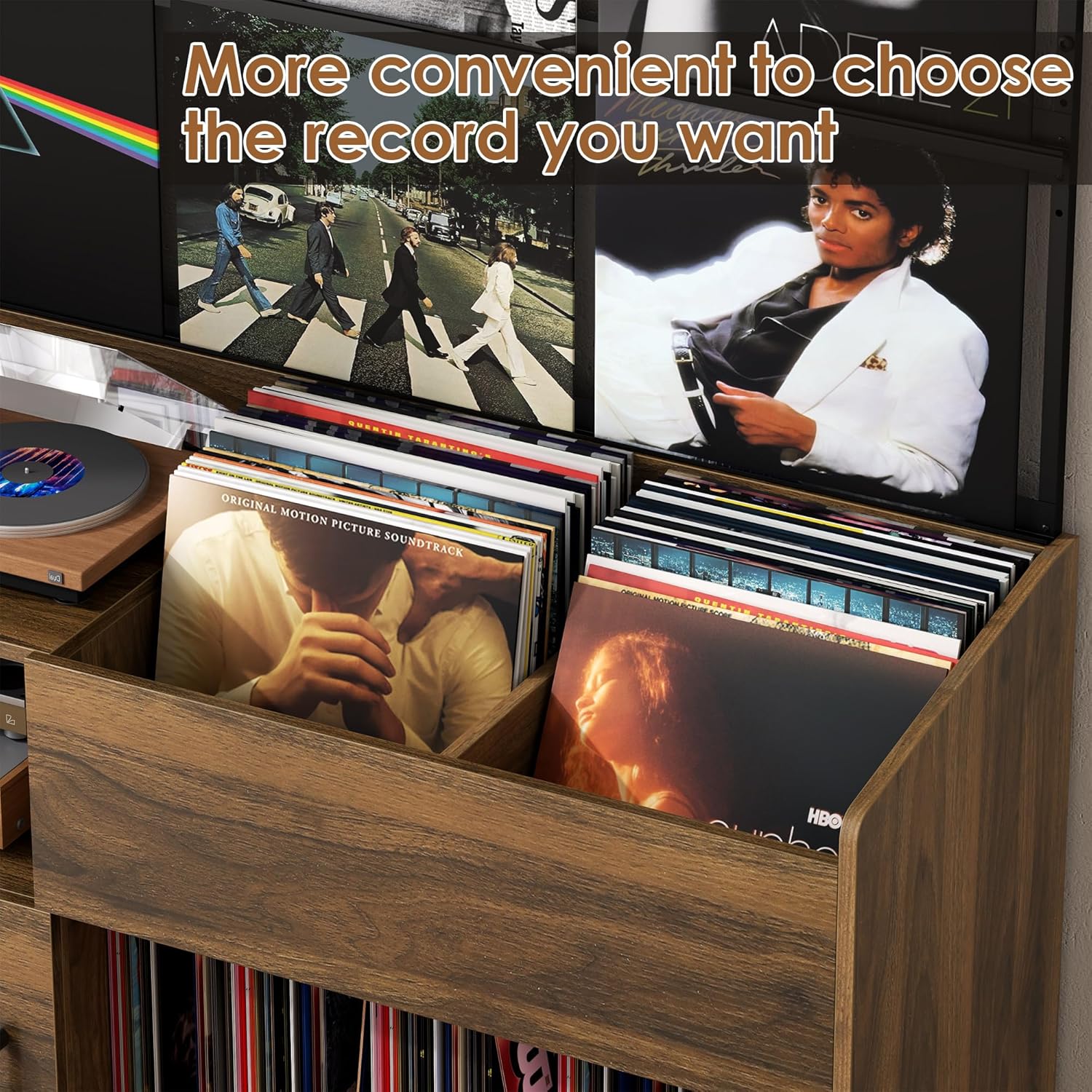 Upgraded Large Record Player Stand, Mid-Century Turntable Stand with Power Outlet, Large Record Player Table Holds Up to 500 Albums, Vinyl Storage Cabinet Display Shelf for Living Room (Walnut)