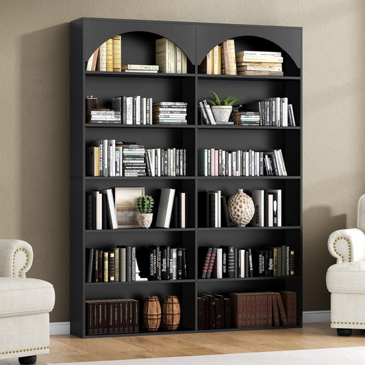 70.8’’ Tall Bookshelf and Bookcase, 7-Tier Double Wide Bookcase Modern Large Open Display Shelves with Curved Baffle for Home Office Living Room (Black)