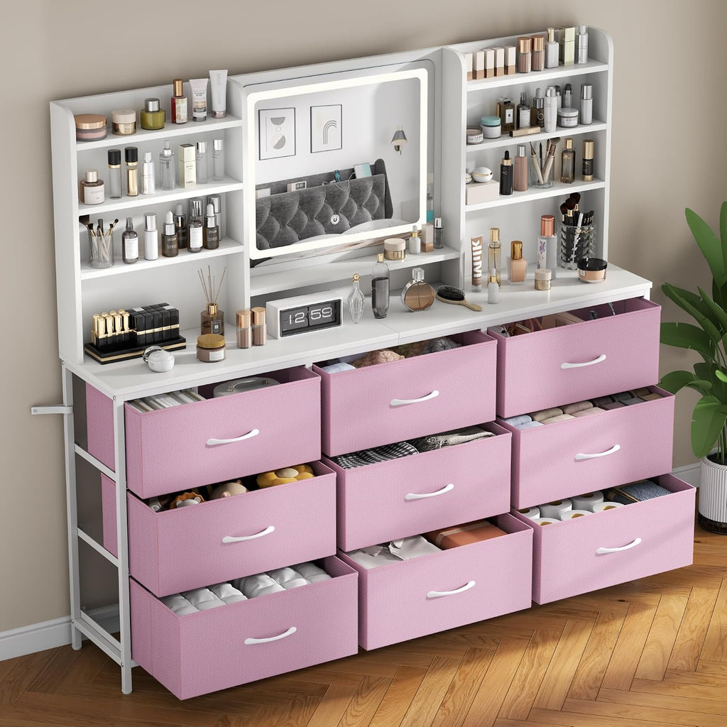 9 Drawers Dresser with LED Mirror for Bedroom, 59" W Chest of Drawers