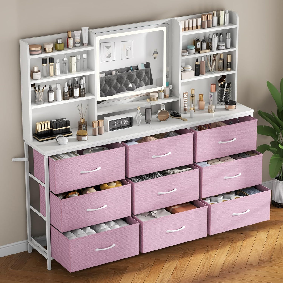 9 Drawers Dresser with LED Mirror for Bedroom, 59" W Chest of Drawers