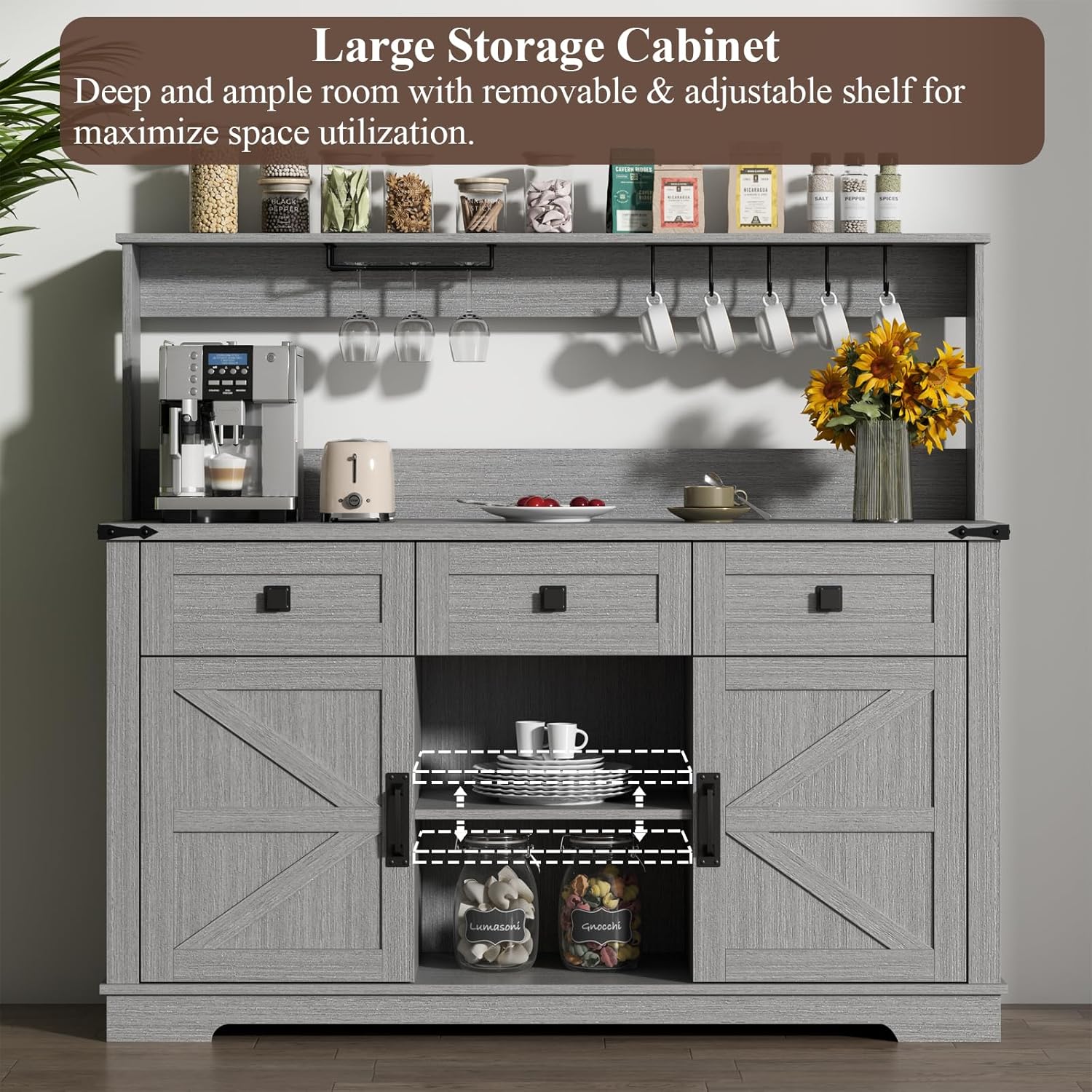 Farmhouse Bar Cabinet with Hutch, Kitchen Buffet Cabinet with Storage Cabinet & 3 Sliding Drawers, Adjustable Shelf, Goblet Holder, Cup Hooks for Living Room, Dining Room Use (Grey)
