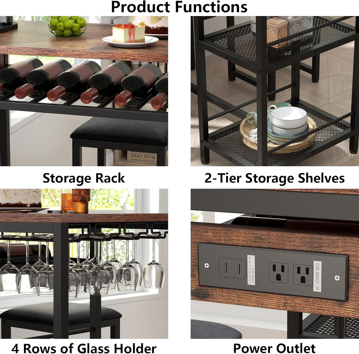 Bar Table and Chairs Set with Power Outlet, Pub Table and Chairs Set for 2 with 2 Storage Shelves, 3 Piece Table Set with Wine Rack&Glass Holder for Living Room,Dining Room,Small Apt (Rustic)
