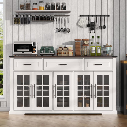63" Large Buffet Sideboard Cabinet with Storage, Farmhouse Buffet Table with 3 Drawers & 5 Glass Doors, Modern Coffee Bar Wine Bar Cabinet with Adjustable Shelves for Kitchen, Dining Room, White