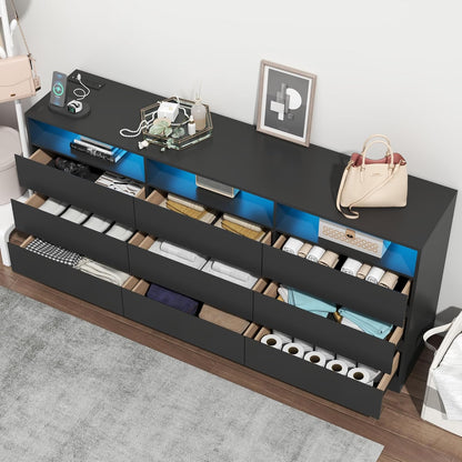 9 Drawers Dresser with Power Outlet, LED Large Dressers Chest with Handle Free Drawers, Modern Long Dressers Storage Cabinet for Closet Living Room (Black)