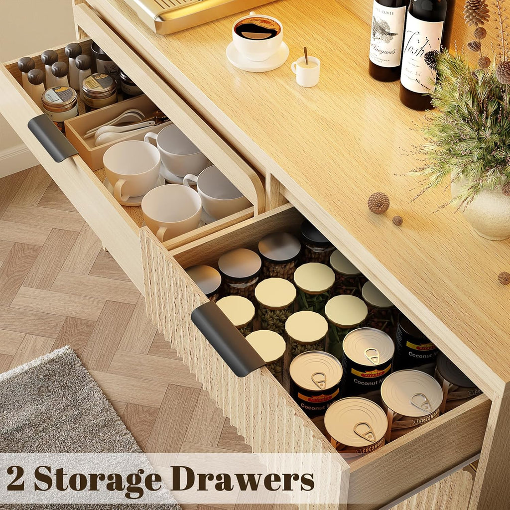 71" Tall Pantry Cabinet with Wine Cabinet Cart, Kitchen Storage Cabinets with LED Light & Charging Station, Kitchen Hutch with Microwave Stand, Freestanding Food Pantry with for Dining Room, Natural
