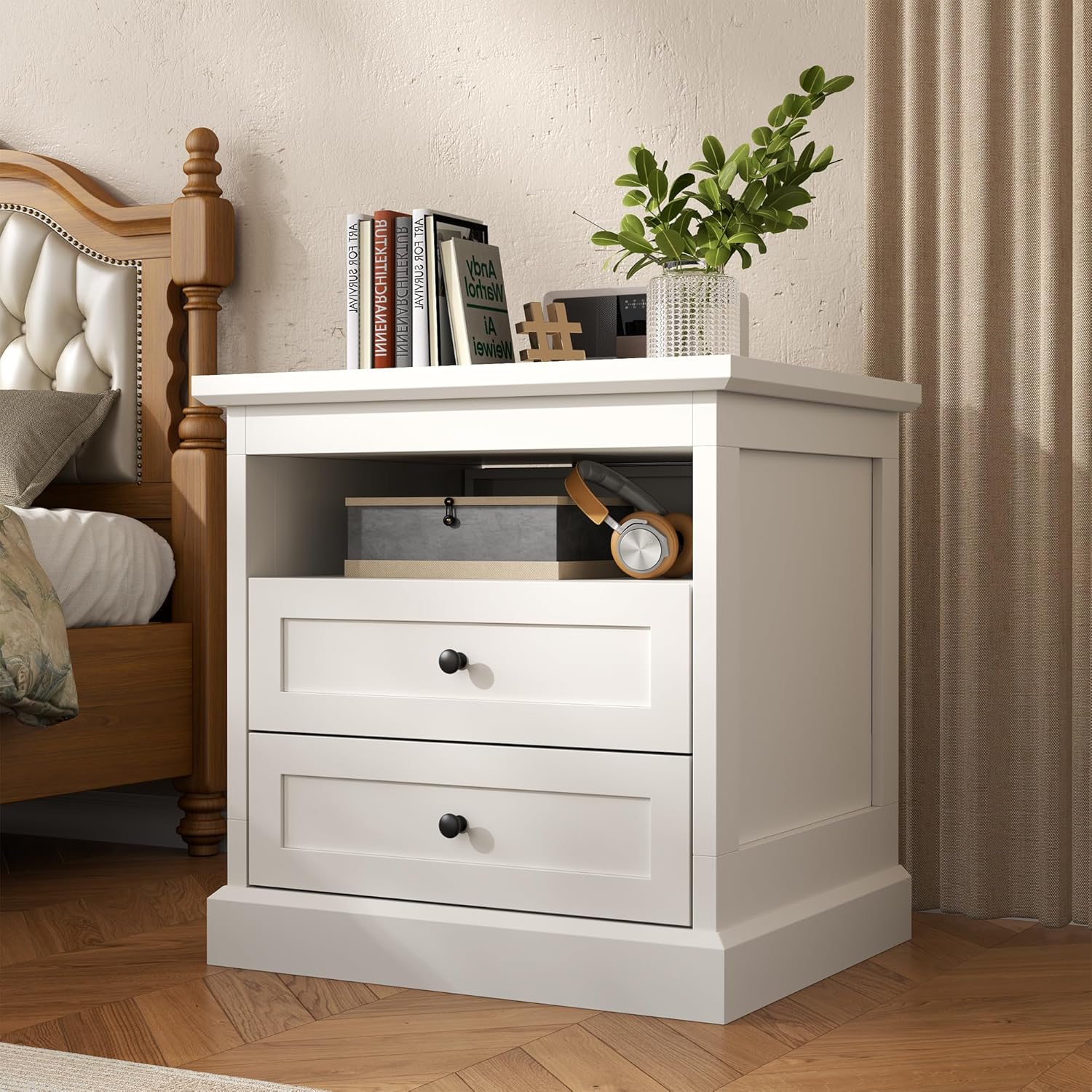 Nightstand with Side Drawer, Night Stand, End Table with Hidden Storage Space, Bedside Table with Open Shelf, 2 Drawers Dresser for Bedroom, Living Room, Closet (White)