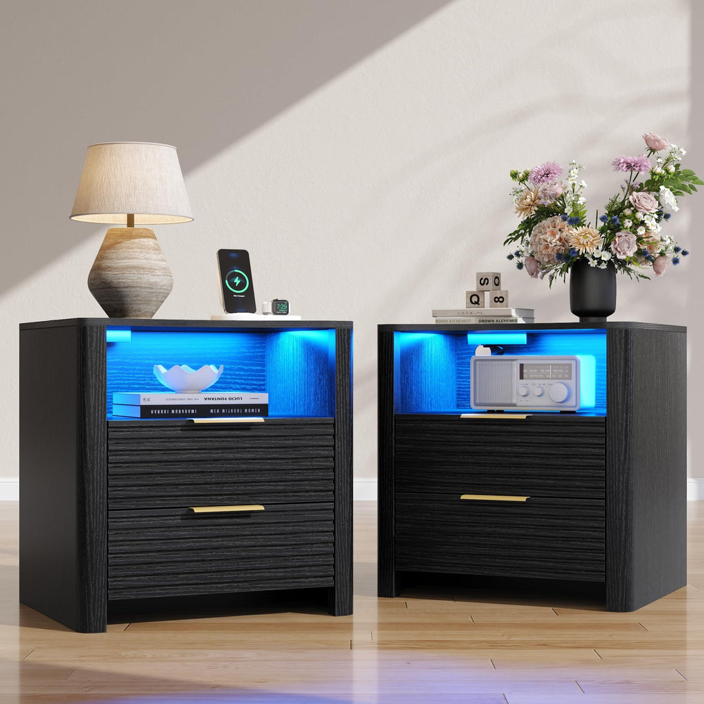 Fluted Night Stand with Charging Station, White Nightstand with LED Lights, Modern Bedside Table with 2 Large Drawers, End Table with Open Storage Shelf, Night Stands for Bedroom, Living Room