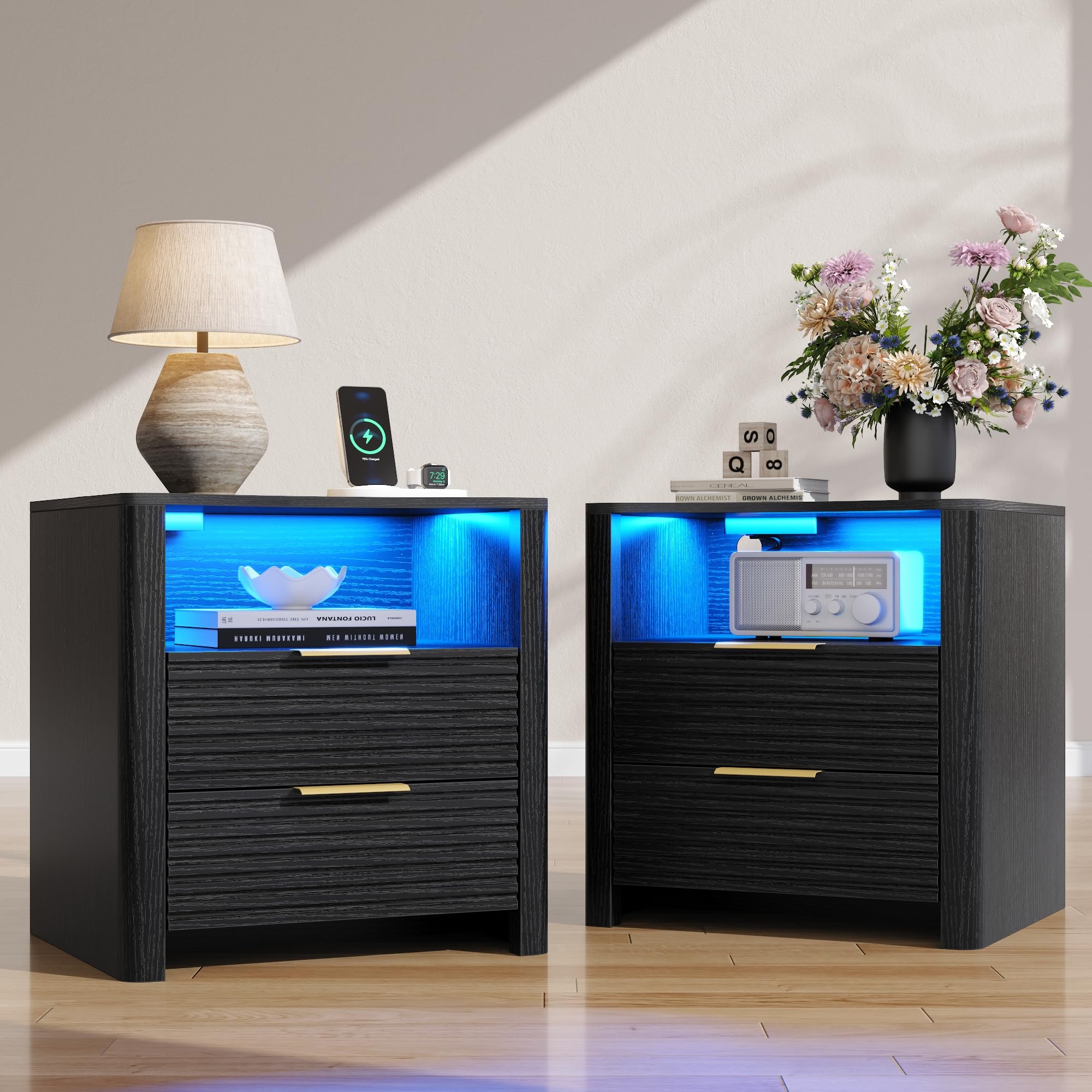 Fluted Night Stand with Charging Station, White Nightstand with LED Lights, Modern Bedside Table with 2 Large Drawers, End Table with Open Storage Shelf, Night Stands for Bedroom, Living Room