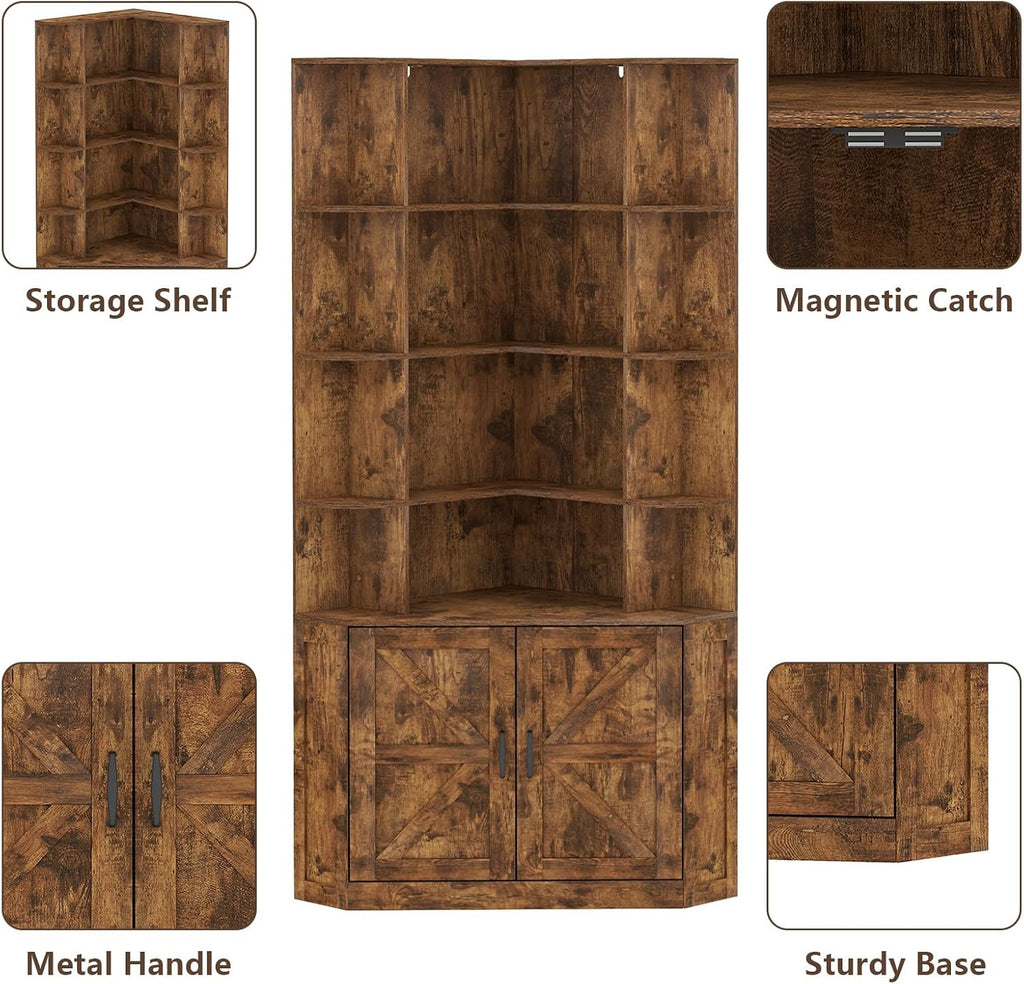 Corner Bookshelf with Doors, 6 Tier Corner Bookcase with Storage Cabinet