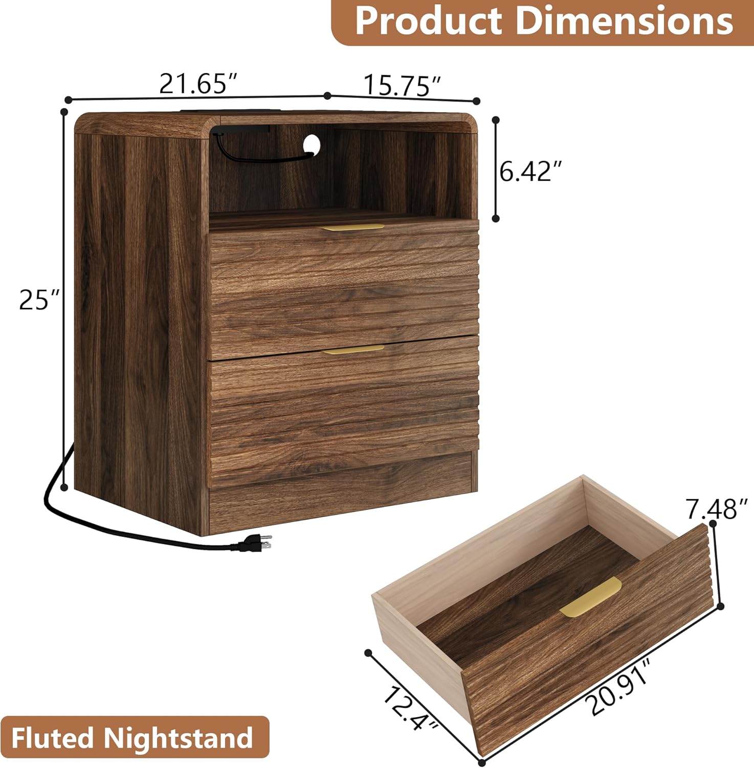 Fluted Nightstand with Charging Station & LED Lights, 2-Drawer White Bedside Table with Open Shelf