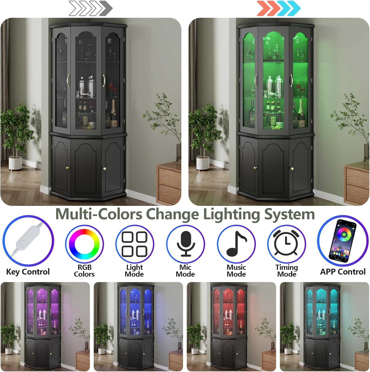 Corner Bar Cabinet w/LED Lights, Tall Modern Wine Cabinet with Tempered Glass Door & Adjustable Shelves, Home Bar Liquor Storage Cabinet with Glass Rack for Living Room, Dining Room (Black)