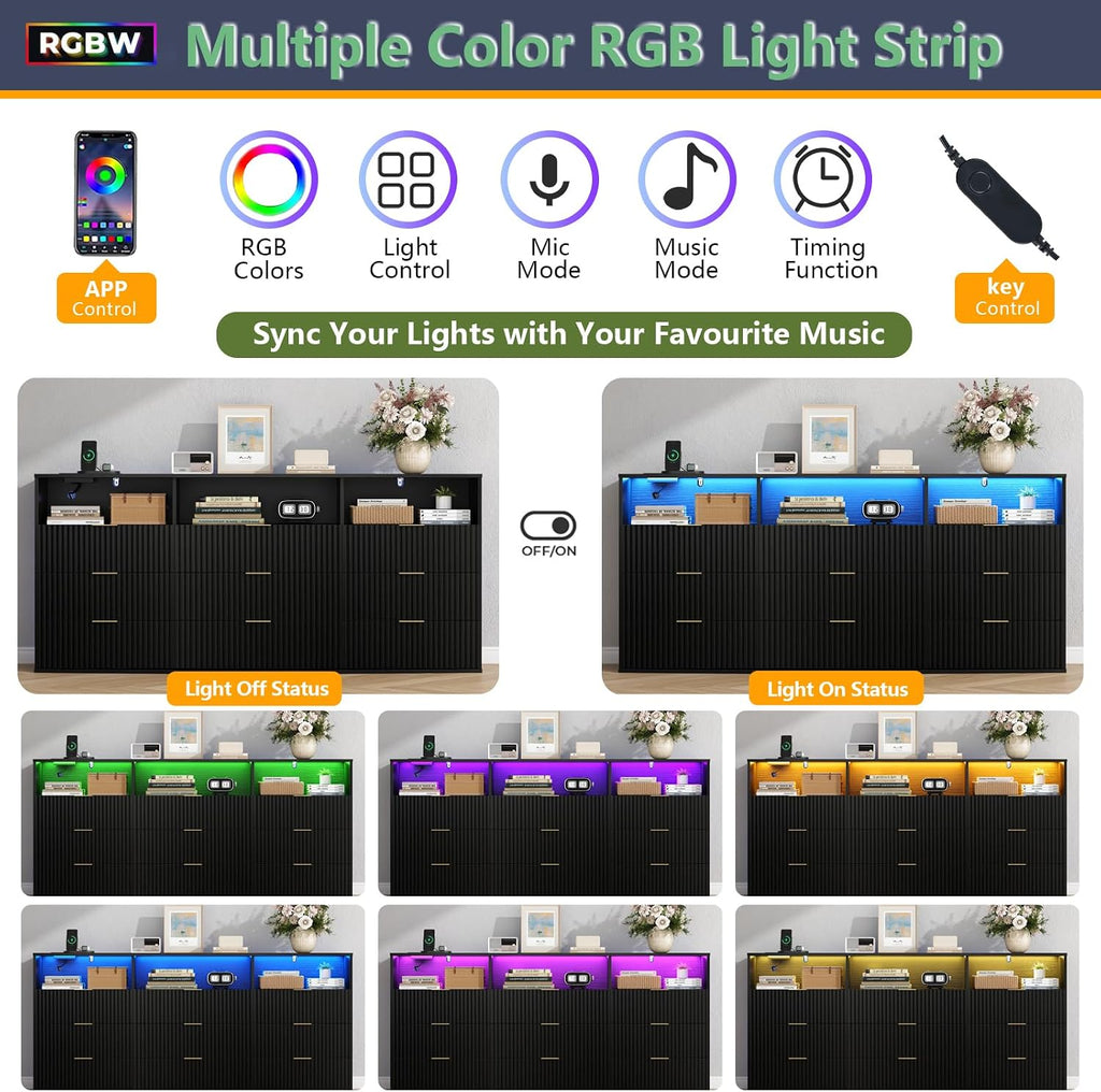 9-Drawer Dresser with 3 Open Cubbies,LED & Power Outlet for Bedroom