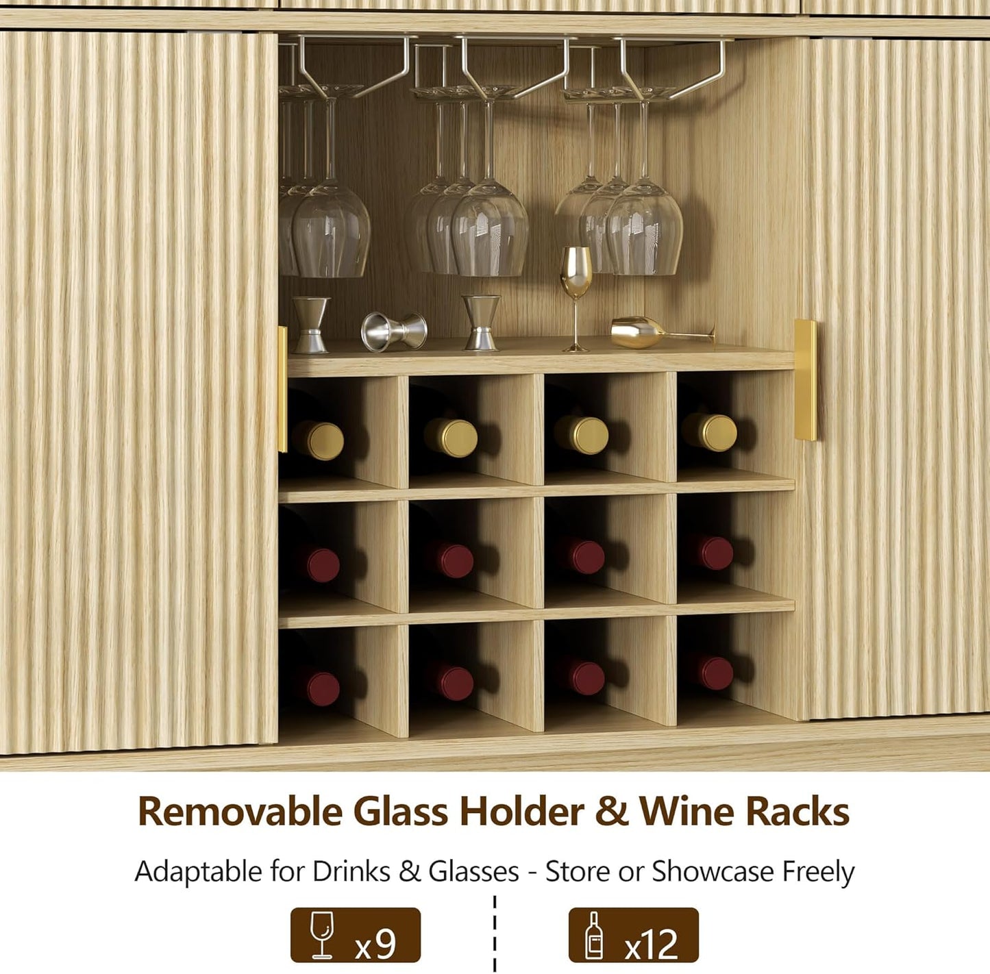 Wine Bar Cabinet with 3 Drawers，Home Liquor Cabinets with Wine and Glasss Rack, Fluted Coffee Bar Cabinet with Adjustable Shelves, Buffet Sideboard for Kitchen,Living Room, Dining Room, Entryway