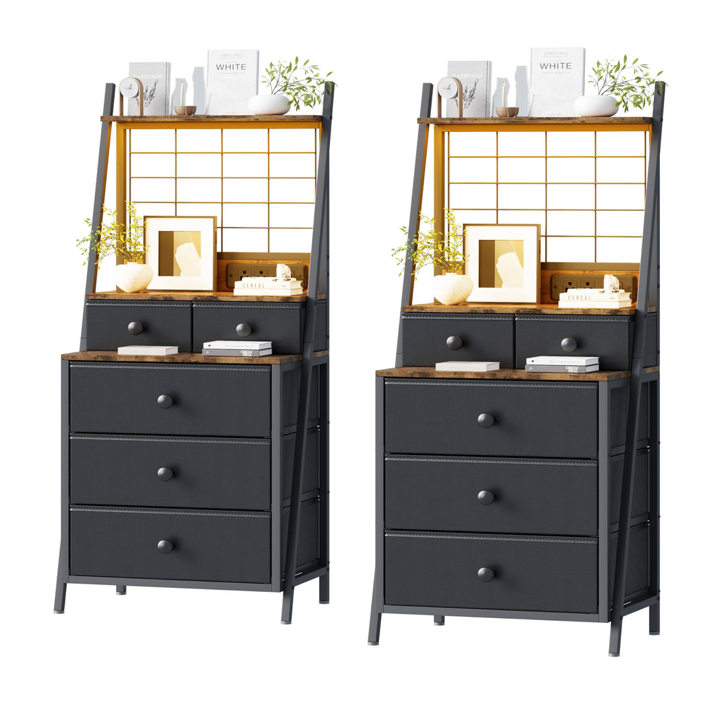 Tall Night Stand with 5 Drawers, White Nightstand with Charging Station LED Night Stand with 3-Tier Storage Shelf for Bedroom Living Room & Dorm (1, Black)