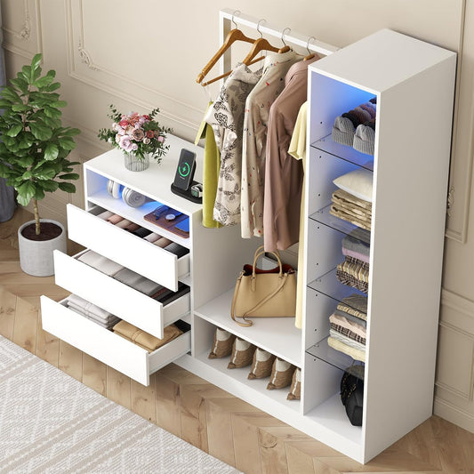 Armoire Wardrobe Closet with Hanging Rod & 3 Drawers, Large Clothing Storage Cabinet with Charging Station & Led Lights, Closet Organizers and Storage with Adjustable Shelf, White Dresser for Bedroom