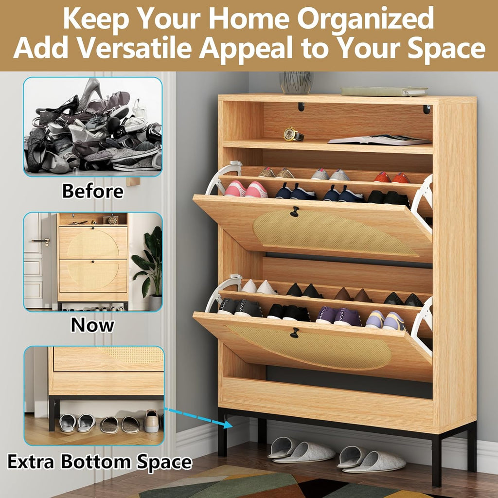 Rattan Shoe Cabinet with 2 Flip Drawers, Free Standing Narrow Shoe Storage Organizer with Top Cubby, Slim Shoe Rack Cabinet for Entryway, Natural (Natural)