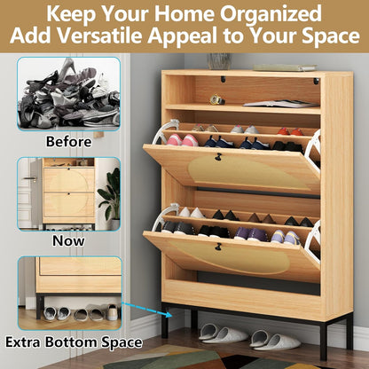 Rattan Shoe Cabinet with 2 Flip Drawers, Free Standing Narrow Shoe Storage Organizer with Top Cubby, Slim Shoe Rack Cabinet for Entryway, Natural (Natural)
